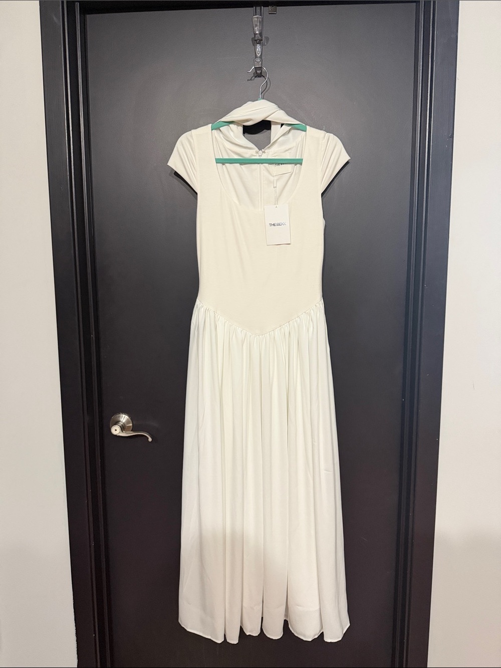 The Bekk ivory cap Sleeve Maxi Dress with Scarf bridal shower dress